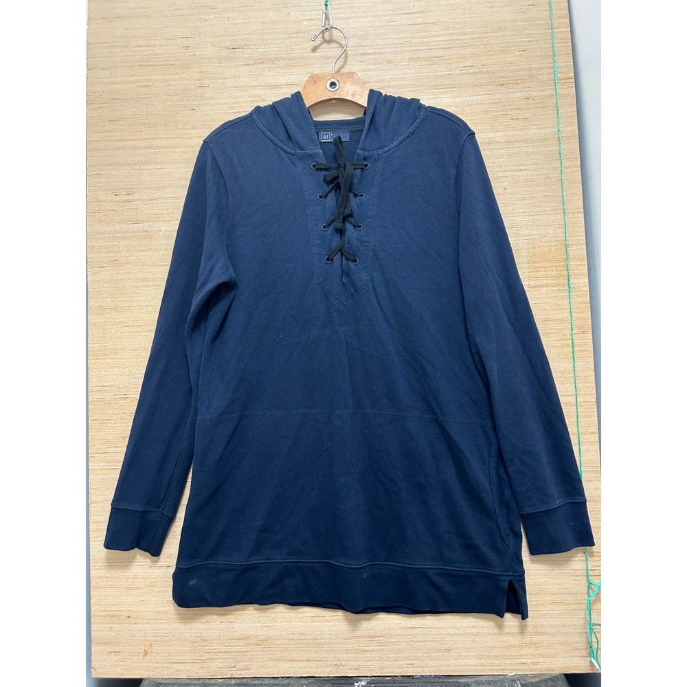 GAP Womens Navy Blue‎ Lace Up Hoodie Tunic Sweatshirt Small Side Pockets